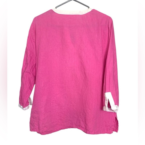 Pink w White Trim, 3/4 Sleeves, Embroidered, Linen/Cotton Tunic - Picture 3 of 7